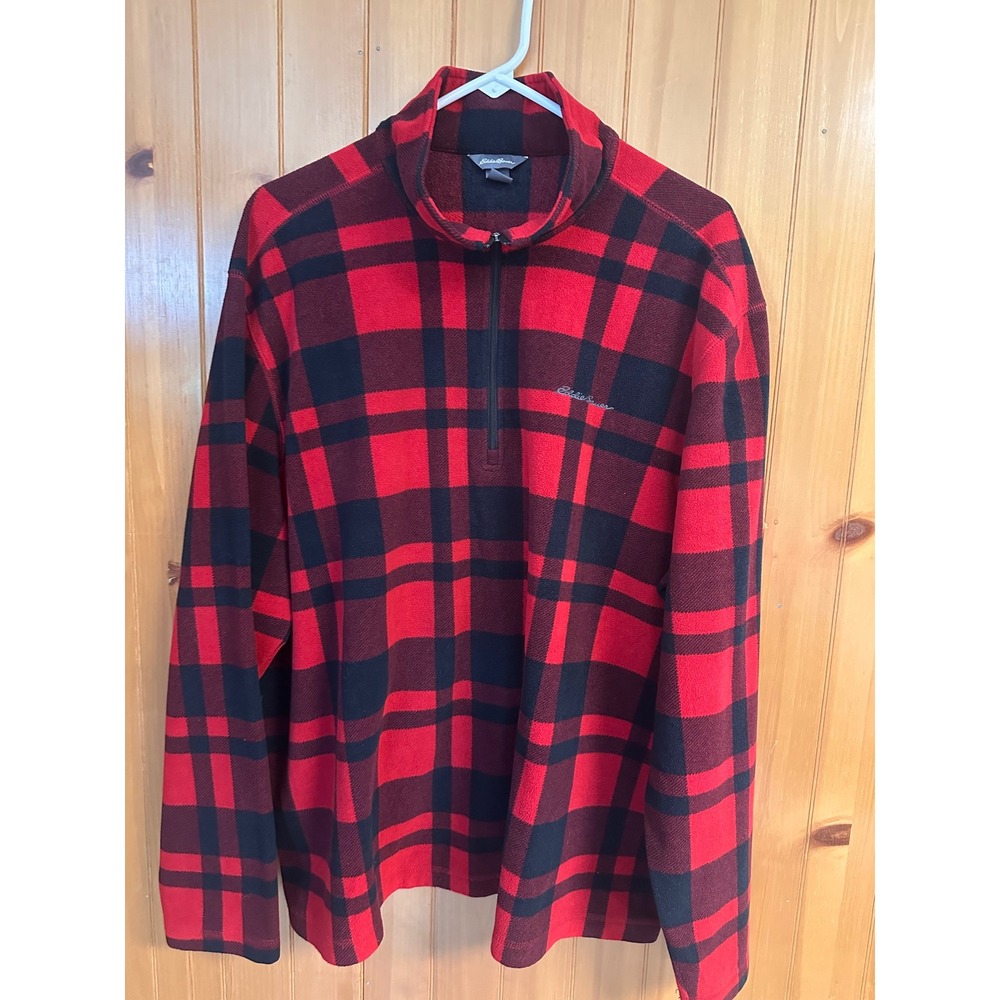 Eddie Bauer Mens 2XL Red Black Buffalo Plaid Cabin Quarter Zip Fleece Pullover